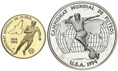 1993. Andorra. 10 (AG) y 25 diners (7,77 g. AU bajo). Mundial de Fútbol - Estados Unidos '94. En estuche oficial, con certificado. Proof.