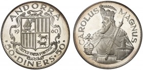 1960. Andorra. 50 diners. (Kr.UWC. M1). 27,95 g. AG. Carlomagno. Acuñación de 3100 ejemplares. Proof.