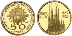1990. Andorra. 50 diners. (Fr. 9) (Kr. 64). 16,95 g. AU. Antoni Gaudí. En estuche oficial, con certificado. Proof.