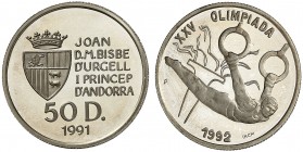 1991. Andorra. 50 diners. (Fr. 11) (Kr. 70). 13,12 g. AU bajo. Juegos Olímpicos - Barcelona '92. En estuche oficial, con certificado. Proof.