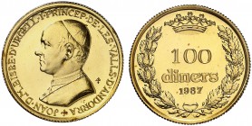 1987. Andorra. 100 diners. (Fr. 3) (Kr. 41). 5 g. AU. Acuñación de 2000 ejemplares. En expositor oficial, con certificado. S/C.