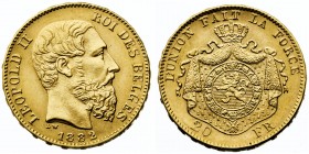 1882. Bélgica. Leopoldo II. 20 francos. (Fr. 412) (Kr. 37). 6,44 g. AU. S/C-.