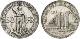 1935. Bélgica. Leopoldo III. 50 francos. (Kr. 106.1) 22 g. AG. Centenario del ferrocaril belga. Leyendas en francés. Escasa. EBC-.