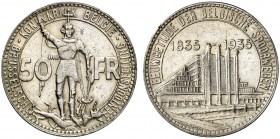 1935. Bélgica. Leopoldo III. 50 francos. (Kr. 107.1) 21,96 g. AG. Centenario del ferrocaril belga. Leyendas en flamenco. Escasa. EBC-.