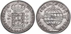 1812. Brasil. Juan, Príncipe Regente. B (Bahía). 960 reis. (Kr. 307.1). 26,89 g. AG. Acuñada sobre un real de a ocho español. EBC+.