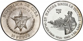1989. Cuba. 10 pesos. (Kr. 164). 31,11 g. AG. En marcha hacia la victoria. Acuñación de 2000 ejemplares. Proof.