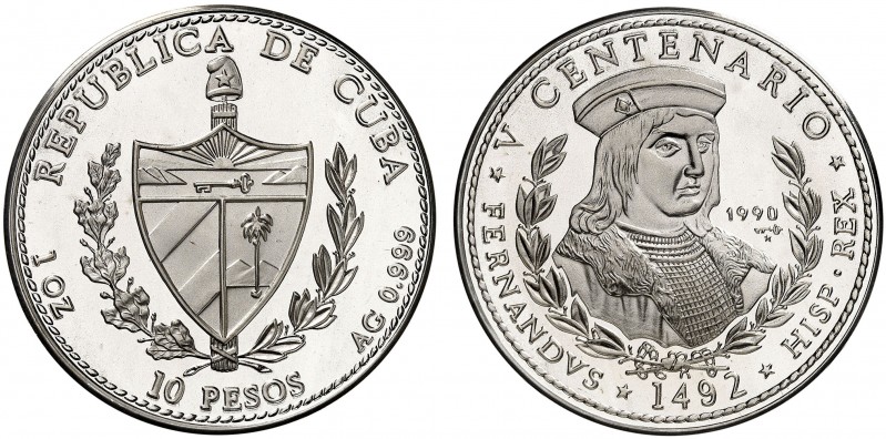 1990. Cuba. 10 pesos. (Kr. 263). 30,97 g. AG. V Centenario - Fernando el Católic...