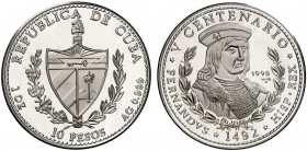1990. Cuba. 10 pesos. (Kr. 263). 30,97 g. AG. V Centenario - Fernando el Católico. Acuñación de 5000 ejemplares. Proof.