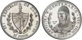 1990 Cuba. 10 pesos. (Kr. 264). 31,15 g. AG. V Centenario - Isabel la Católica. Acuñación de 5000 ejemplares. Proof.