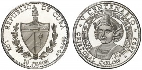 1990. Cuba. 10 pesos. (Kr. 265). 31,08 g. AG. V Centenario - Cristóbal Colón. Acuñación de 5000 ejemplares. Proof.
