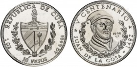 1990. Cuba. 10 pesos. (Kr. 266). 31,10 g. AG. V Centenario - Juan de la Cosa. Acuñación de 5000 ejemplares. Proof.