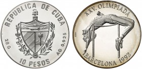 1990. Cuba. 10 pesos. (Kr. 345). 28,08 g. AG. Juegos Olímpicos - Barcelona '92. Salto. Proof.