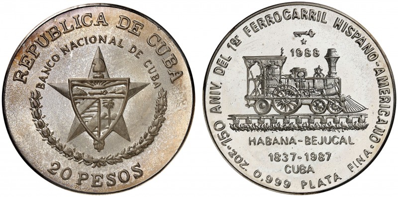 1988. Cuba. 20 pesos. (Kr. 232). 62,13 g. AG. 150 Aniversario del 1er ferrocarri...