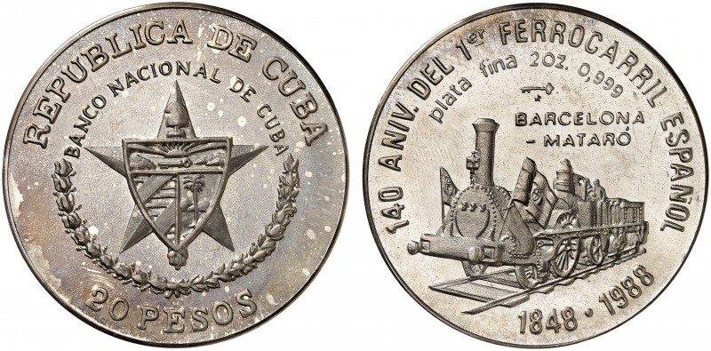 1988. Cuba. 20 pesos. (Kr. 233). 62,03 g. AG. 140 Aniversario del 1er ferrocarri...