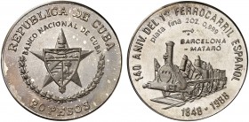 1988. Cuba. 20 pesos. (Kr. 233). 62,03 g. AG. 140 Aniversario del 1er ferrocarril en España: Barcelona - Mataró. Acuñación de 1000 ejemplares. Proof....