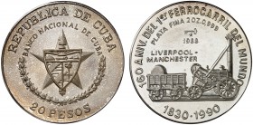 1988. Cuba. 20 pesos. (Kr. 234). 62,05 g. AG. 160 Aniversario del 1er ferrocarril del mundo: Liverpool - Manchester. Acuñación de 1000 ejemplares. Pro...