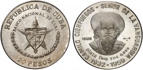 1988. Cuba. 20 pesos. (Kr. 236). 62,15 g. AG. Camilo Cienfuegos. Acuñación de 1000 ejemplares. Proof.