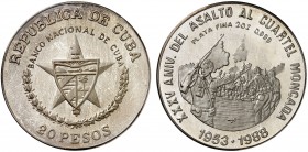1988. Cuba. 20 pesos. (Kr. 237). 62,12 g. AG. 35 Aniversario del Asalto al cuartel Moncada. Acuñación de 1000 ejemplares. Proof.