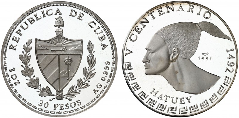 1991. Cuba. 30 pesos. (Kr. 423). 93,04 g. AG. V Centenario - Hatuey. Acuñación d...