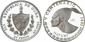 1991. Cuba. 30 pesos. (Kr. 423). 93,04 g. AG. V Centenario - Hatuey. Acuñación de 1000 ejemplares. Proof.