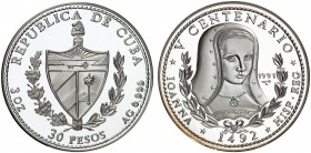 1991. Cuba. 30 pesos. (Kr. 430). 93,28 g. AG. V Centenario - Juana la Loca. Acuñación de 1000 ejemplares. Proof.