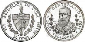 1991. Cuba. 30 pesos. (Kr. 431). 93,16 g. AG. V Centenario - Diego Velázquez. Acuñación de 1000 ejemplares. Proof.