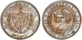 1990. Cuba. 50 pesos. (Kr. 294). 155,77 g. AG. V Centenario - Cristóbal Colón. Acuñación de 2000 ejemplares. Proof.