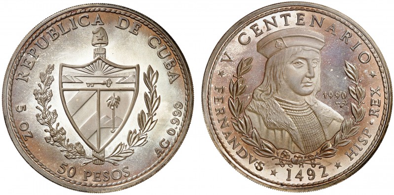 1990. Cuba. 50 pesos. (Kr. 295). 155,45 g. AG. V Centenario - Fernando el Católi...