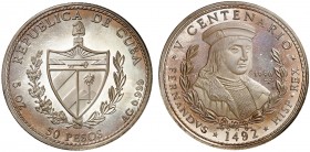 1990. Cuba. 50 pesos. (Kr. 295). 155,45 g. AG. V Centenario - Fernando el Católico. Acuñación de 2000 ejemplares. Proof.