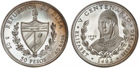 1990 Cuba. 50 pesos. (Kr. 296). 155,63 g. AG. V Centenario - Isabel la Católica. Acuñación de 2000 ejemplares. Proof.
