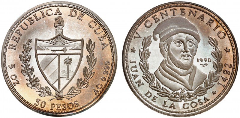 1990. Cuba. 50 pesos. (Kr. 297). 155,73 g. AG. V Centenario - Juan de la Cosa. A...