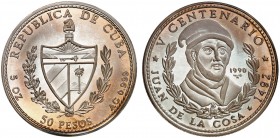 1990. Cuba. 50 pesos. (Kr. 297). 155,73 g. AG. V Centenario - Juan de la Cosa. Acuñación de 2000 ejemplares. Proof.