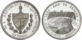 1991. Cuba. 50 pesos. (Kr. 343). 155,47 g. AG. Año de España - Estadio Olímpico, Barcelona. Acuñación de 1050 ejemplares. Proof.