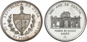 1991. Cuba. 50 pesos. (Kr. 356) 155,76 g. AG. Año de España - Puerta de Alcalá, Madrid. Acuñación de 550 ejemplares. Proof.