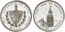 1991. Cuba. 50 pesos. (Kr. 357). 155,54 g. AG. Año de España - La Giralda, Sevilla. Acuñación de 550 ejemplares. Proof.