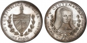1991. Cuba. 50 pesos. (Kr. 432). 155,58 g. AG. V Centenario - Juana la Loca. Acuñación de 1000 ejemplares. Proof.
