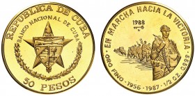 1988. Cuba. 50 pesos. (Fr. 17) (Kr. 208). 15,50 g. AU. En marcha hacia la victoria. Acuñación de 150 ejemplares. Rara. Proof.