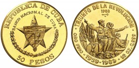 1988. Cuba. 50 pesos. (Fr. 19) (Kr. 210). 15,58 g. AU. Triunfo de la Revolución. Acuñación de 150 ejemplares. Rara. Proof.