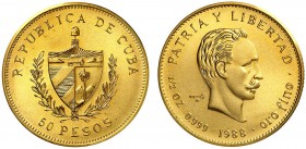 1988. Cuba. 50 pesos. (Fr. 21) (Kr. 214). 15,47 g. AU. Acuñación de 12 ejemplares. Rara. S/C.
