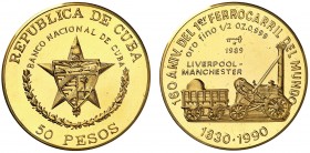 1989. Cuba. 50 pesos. (Fr. 28) (Kr. 313). 15,46 g. AU. 150 Aniversario del 1er ferrocarril del mundo: Liverpool - Manchester. Acuñación de 150 ejempla...