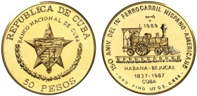 1989. Cuba. 50 pesos. (Fr. 30) (Kr. 314). 15,52 g. AU. 150 Aniversario del 1er ferrocarril Hispano Americano: Habana - Bejucal. Acuñación de 150 ejemp...