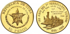 1989. Cuba. 50 pesos. (Fr. 32) (Kr. 315). 15,58 g. AU. 140 Aniversario del 1er ferrocarril en España: Barcelona - Mataró. Acuñación de 150 ejemplares....