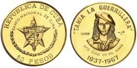 1989. Cuba. 50 pesos. (Fr. 34) (Kr. 330). 15,49 g. AU. Tania la Guerrillera. Acuñación de 150 ejemplares. Leves rayitas. Rara. (Proof).