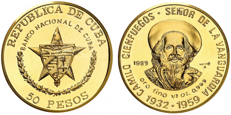 1989. Cuba. 50 pesos. (Fr. 36) (Kr. 331). 15,49 g. AU. Camilo Cienfuegos. Acuñac...