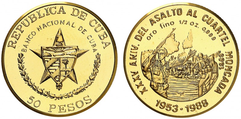 1989. Cuba. 50 pesos. (Fr. 38) (Kr. 332). 15,43 g. AU. 35 Aniversario del asalto...