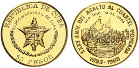 1989. Cuba. 50 pesos. (Fr. 38) (Kr. 332). 15,43 g. AU. 35 Aniversario del asalto al cuartel Montcada. Acuñación de 150 ejemplares. Rara. Proof.