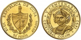 1990. Cuba. 50 pesos. (Fr. 46) (Kr. 298). 15,47 g. AU. V Centenario - Cristóbal Colón. Acuñación de 250 ejemplares. Rara. Proof.