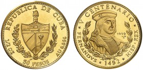 1990. Cuba. 50 pesos. (Fr. 48) (Kr. 299). 15,49 g. AU. V Centenario - Fernando el Católico. Rara. Proof.