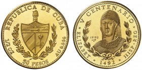 1990. Cuba. 50 pesos. (Fr. 50) (Kr. 300). 15,53 g. AU. V Centenario - Isabel la Católica. Acuñación de 250 ejemplares. Rara. Proof.