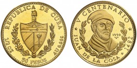 1990. Cuba. 50 pesos. (Fr. 52) (Kr. 301). 15,52 g. AU. V Centenario - Juan de la Cosa. Rara. Proof.